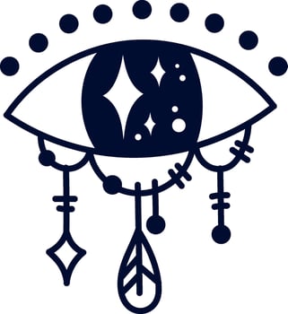 Stylized eye featuring a feather pendant, radiating cosmic energy and embodying themes of spirituality, intuition, and connection to higher realms and consciousness vector