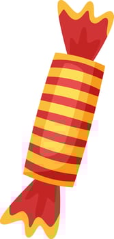 Red and yellow striped hard candy wrapped in shiny foil with jagged edges, resting against a clean white background, highlights its vibrant colors and tempting sweetness vector