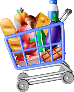 Colorful 3D Shopping Cart Full of Groceries png