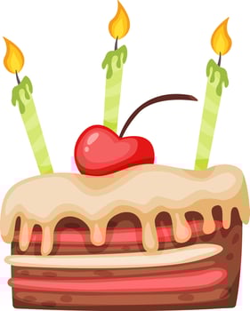 Creamy, layered birthday cake featuring three lit green candles and a heart shaped cherry on top, celebrating a joyful occasion with sweetness and festive cheer vector