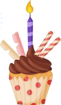 Chocolate cupcake with lit purple candle, wafer rolls, chocolate bar and pink chewing gum celebrating a birthday party, isolated on white background vector