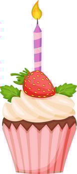 Pink cupcake with chocolate topping, decorated with whipped cream, fresh strawberry, mint leaves and lit birthday candle, isolated on white background vector