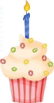 Creamy cupcake decorated with colorful sprinkles and a lit blue candle, perfect for celebrating a birthday or special occasion, bringing joy and sweetness to any celebration vector