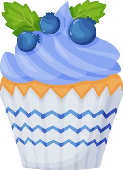 Cupcake with wavy blue and white paper cup, decorated with blueberry flavored frosting and topped with fresh blueberries and mint leaves, creating a sweet and visually appealing treat vector