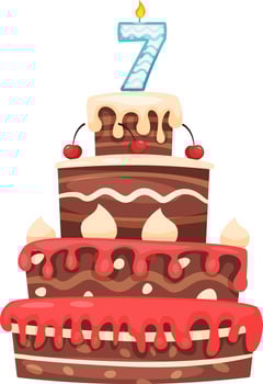 Three tiered chocolate birthday cake with dripping icing, cherries, and a number seven candle burning brightly, celebrating a seventh birthday or anniversary in a sweet and festive way vector