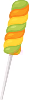 Bright and swirling lollipop with vibrant green, orange, and yellow stripes entices with its sweet promise, perfect for a sugary treat or festive celebration vector