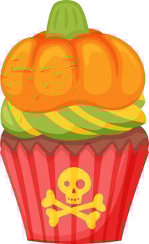 Halloween cupcake with pumpkin on top and skull and crossbones symbol representing trick or treat tradition, perfect for celebrating october 31st vector