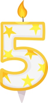 Burning number five birthday candle, adorned with cheerful yellow stars, brightens a festive white background, adding joy to a delightful birthday party celebration vector