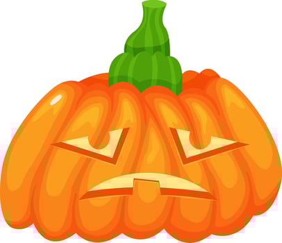 Grumpy carved pumpkin featuring a vibrant orange hue and a lively green stem, enhancing Halloween decorations and bringing a playful touch of spooky charm to autumn festivities vector