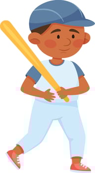 Confident young baseball player in a blue cap and white uniform sprinting with a yellow bat, poised to hit the ball during an exciting game on the field vector