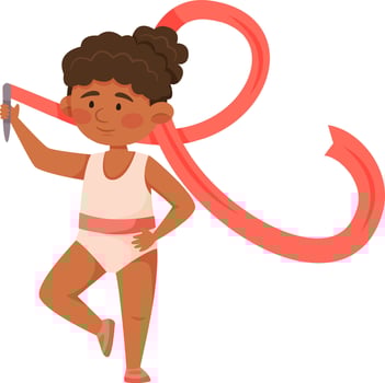 Smiling dark skinned girl in a leotard practices rhythmic gymnastics with a colorful ribbon, performing exercises that embody the spirit of children's sports and active lifestyles vector
