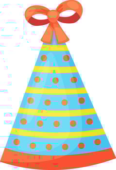 Colorful cartoon illustration featuring a blue party hat adorned with playful orange stripes, cheerful dots, and a festive ribbon, perfect for celebrating birthdays and joyful events vector