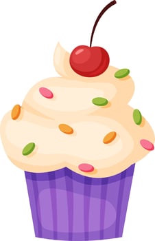 Creamy vanilla frosting swirls atop a purple wrapped cupcake, adorned with colorful sprinkles and a single, vibrant red cherry, creating a sweet and visually appealing treat vector