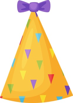 Colorful yellow party hat decorated with small triangles of different colors and a purple bow, celebrating a birthday or other festive occasion vector