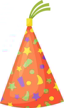 Orange party hat with colorful stars and confetti celebrating a birthday, perfect for joyful and festive occasions, bringing a touch of fun and whimsy to any celebration vector