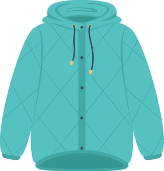 Comfortable and warm quilted turquoise hooded jacket featuring buttons and a protective hood, designed for cold weather, isolated against a clean white background vector