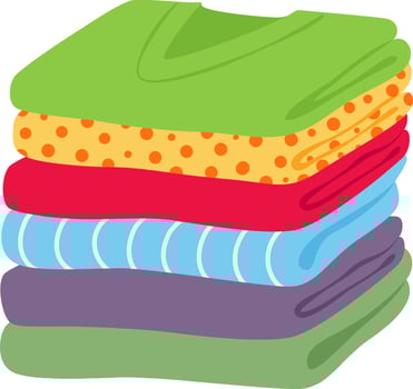 Pile of folded colorful clothes, including sweaters, shirts, and towels, forming a neat stack isolated on a white background, representing organization and tidiness vector