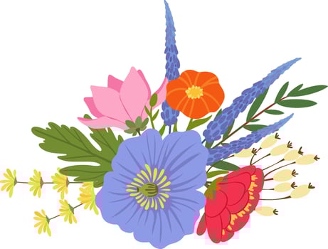 Colorful bouquet featuring vibrant poppies, elegant magnolias, cheerful chrysanthemums, and a variety of wildflowers, creating a lively and joyful arrangement perfect for any occasion vector