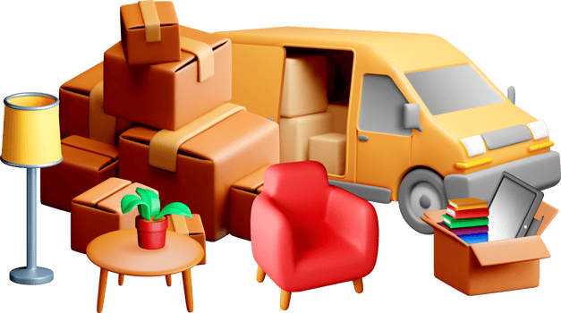 3D Moving Van Loaded with Furniture and Boxes png