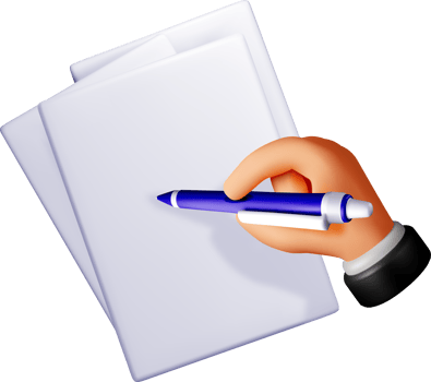 3D Hand Holding Pen Over Blank Papers png