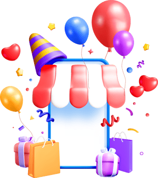 Colorful 3D Party Store Celebration Scene png