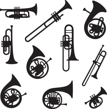 Dynamic Brass Musical Instruments Silhouettes - Trumpets, Trombones, French Horns vector