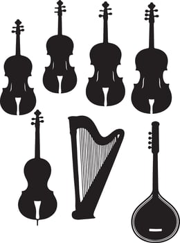 Musical Instruments Silhouettes Violins, Cello, Harp, and Mandolin vector