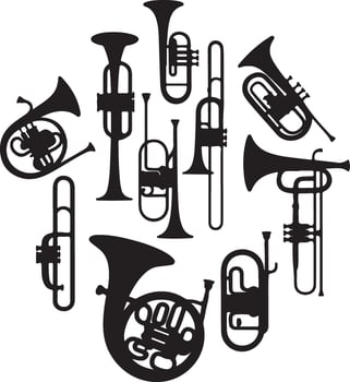 Brass Musical Instrument Silhouettes Set - Trumpet, Trombone, Tuba, French Horn Collection vector