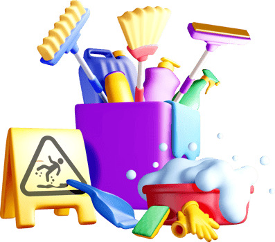 Colorful 3D Cleaning Supplies and Caution Sign. png