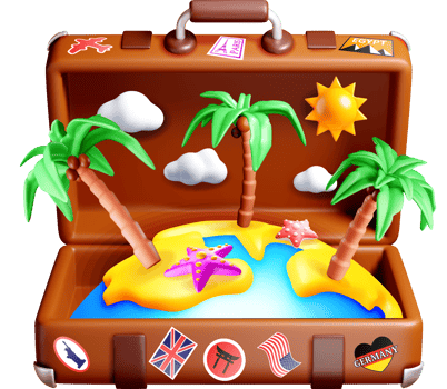 Colorful 3D Travel Suitcase with Tropical Scene png