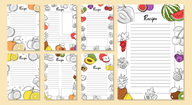 Hand-Drawn Recipe Cards with Fruit Borders and Line Templates in Colorful Sketch Style vector