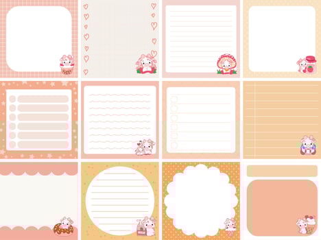 Pink cow in the memo. Cute sticky planners with variation of pattern and pastel color. vector