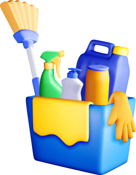Colorful 3D Cleaning Supplies in a Bucket. png