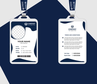 Modern blue ID card template for employees. Clean design perfect for office identity badges, staff cards, and corporate ID layouts. Fully editable and print ready. vector