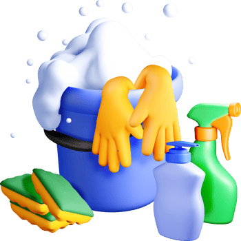 3D Cleaning Tools with Soapy Bucket and Gloves png