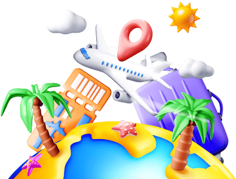 Colorful 3D Travel Scene with Airplane and Palm Trees png