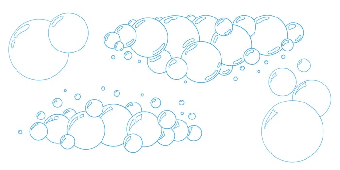 Hand drawn soap bubble outline illustrations. doodle foam balls with sparkle light spots. Water and soda bubble collection for cleaning, kids, hygiene, or shampoo packaging design. vector