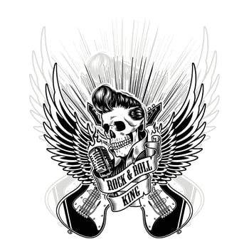 Rock and Roll King Skull with Guitar, Wings and Vintage Microphone vector