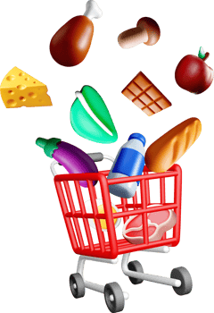 3D Shopping Cart Filled with Various Foods png