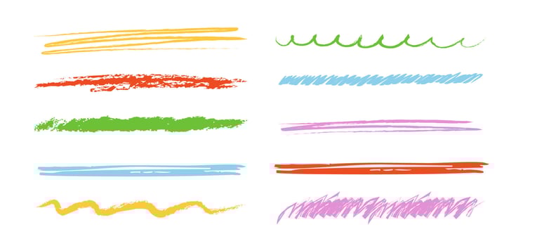 Crayon underline set, pencil chalk kid free hand brush texture. Scribble grunge border simple thin and thick lines. Doodle mark. vector