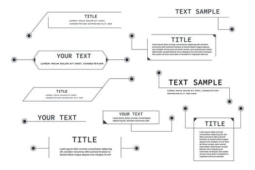 Set Text box frame, title callout tech hud border menu, modern line interface board. Set game elements, web design template for text, banner. vector