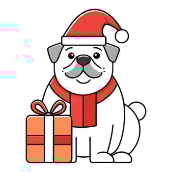 Cute Christmas Dog with Santa Hat and Gift Box, Festive Cartoon Pet, Illustration, Holiday Animal Clipart for Greeting Card, Winter, and Celebration Design vector