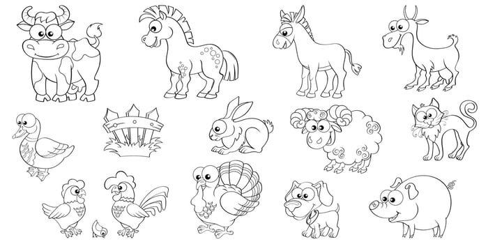 Big set of cute cartoon farm animals. Horse, cow, goat, rabbit, dog, hen, , chick, sheep, turkey, duck, cat, donkey, pig and fence. Black and white illustration for coloring book vector