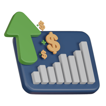 3D Investment icon concept. Bar chart with upward arrow plush dollars png