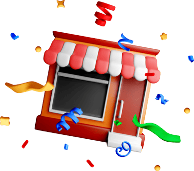 Colorful 3D Storefront Surrounded by Confetti png