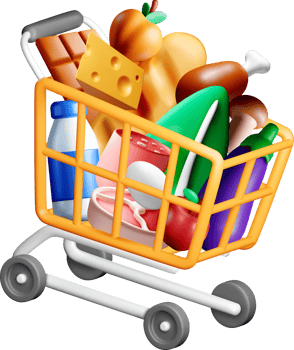 Colorful 3D Shopping Cart Filled with Groceries png