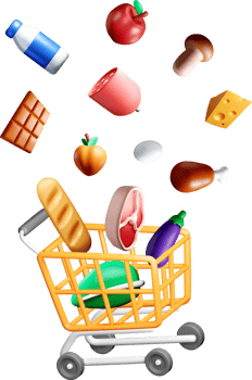 3D Grocery Cart with Floating Food Items png