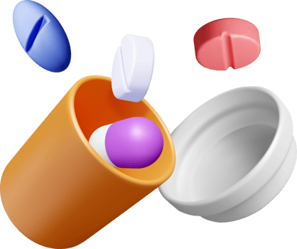 Colorful 3D Pills and Bottle Illustration png