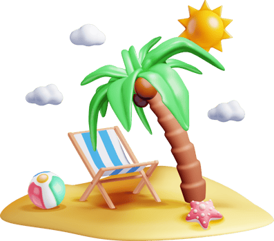 3D Tropical Beach Scene with Chair and Sun png