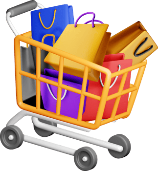 Colorful 3D Shopping Cart Filled with Bags png